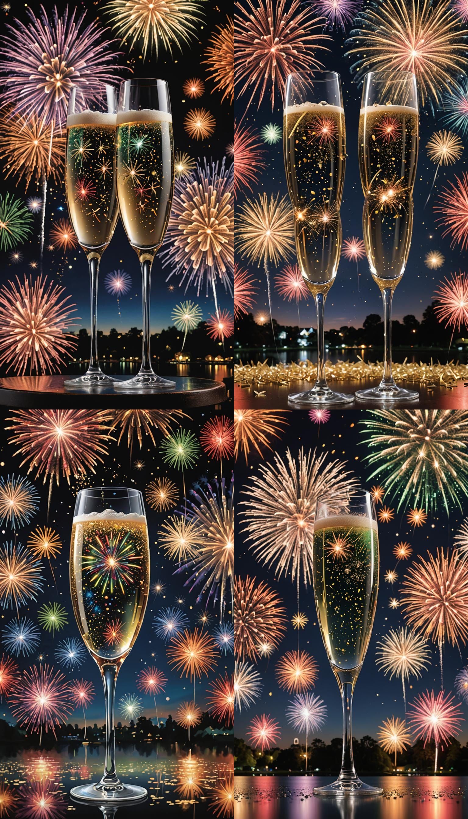 As the clock strikes midnight, the sky is illuminated with bursts of colorful fireworks, mirroring the effervescence of ...
