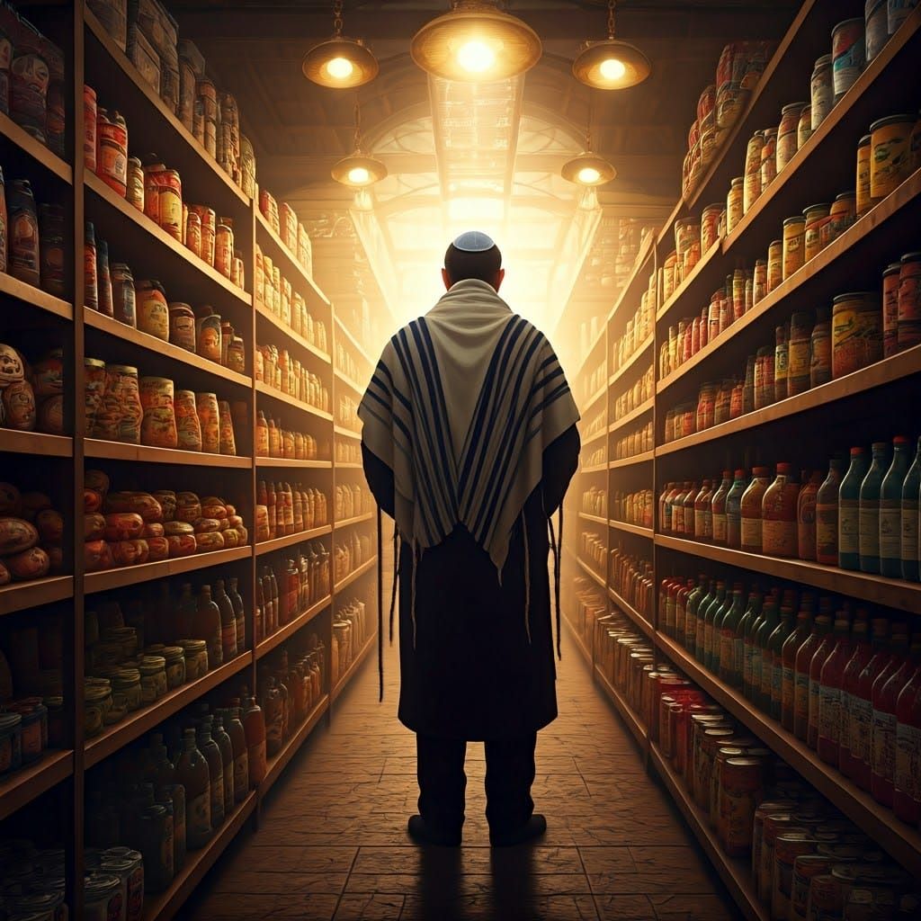 Man in Traditional Attire Waits for Shabbat Purchases in a V...