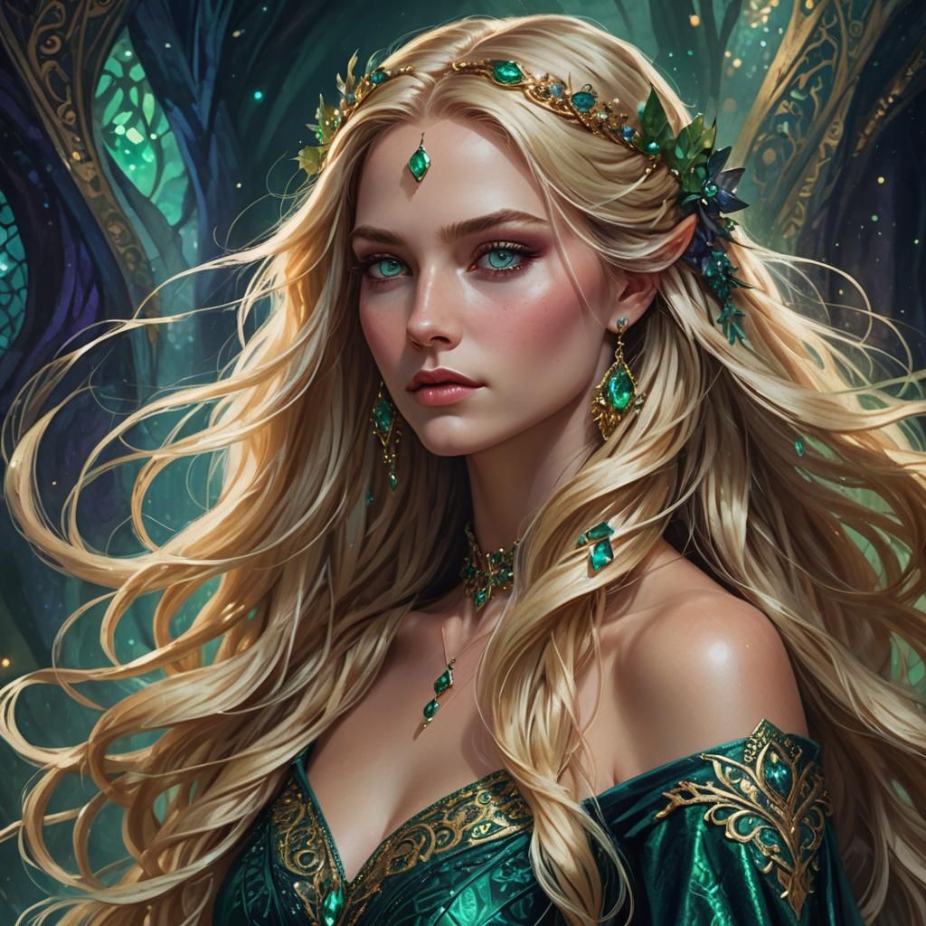 Blonde Woman Portrait in Flowing Gown, Fantasy Art