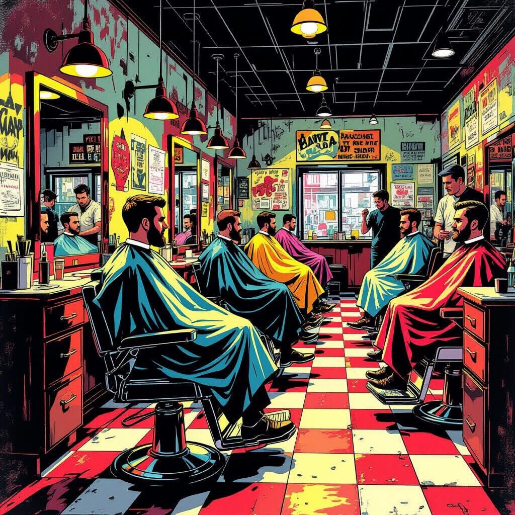 Bustling Barbershop Scene with Energetic Comic Style