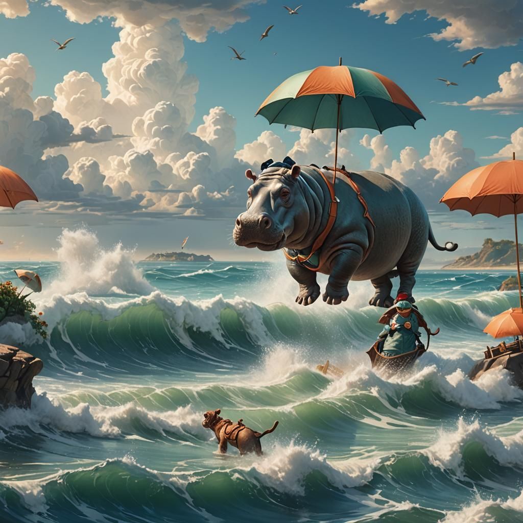 Hippo with Umbrella Descends Over the Sea