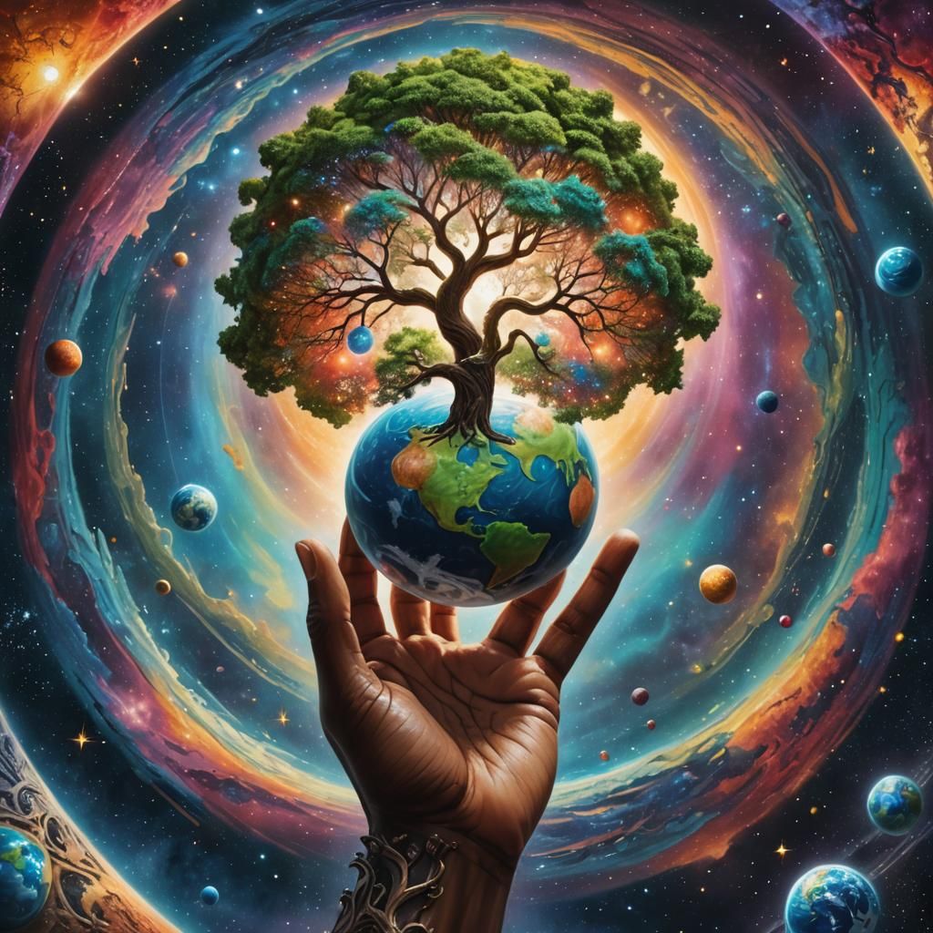 Iridescent mythical Statue of tree of life growing out of th...