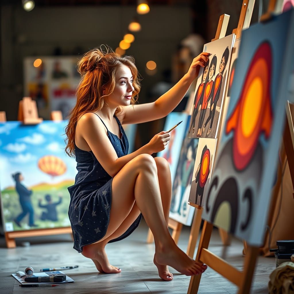 The silly artist has a creative streak and draws several pictures on canvases with her both legs.  by @undefined