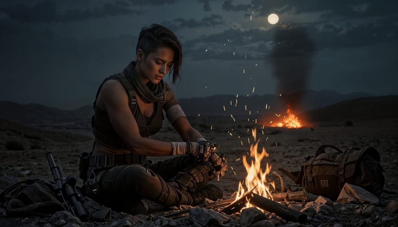 Tending her wounds by the fire. Tired, alone, but not yet done.