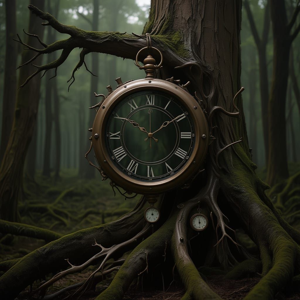  "A melting clock draped over a tree branch in a desolate, otherworldly forest".Swiss made time pieces, cinematic lighting ,realistic, surre...