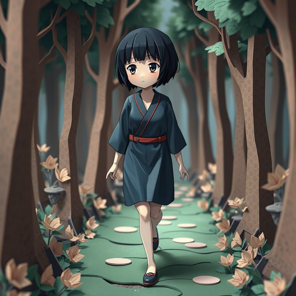 Origami Woman in Forest: Anime-Inspired Paper Art