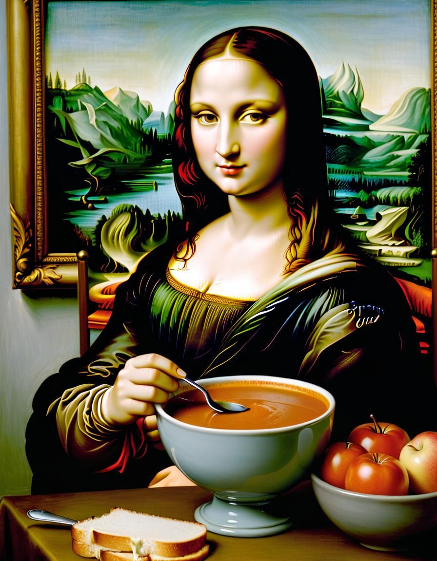 Mona Lisa eating tomato soup - AI Generated Artwork - NightCafe Creator