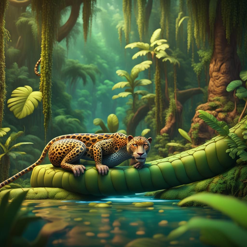 Disney style amazon rainforest, jaguar, snake, monkey, croco...
