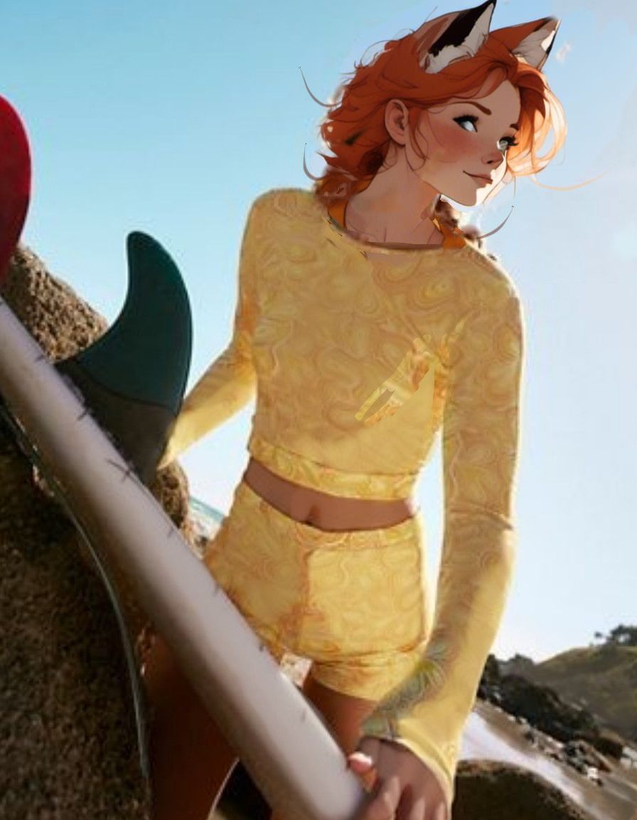 Fox-girl VIXEN, wearing SPF swimwear and getting ready to surf.