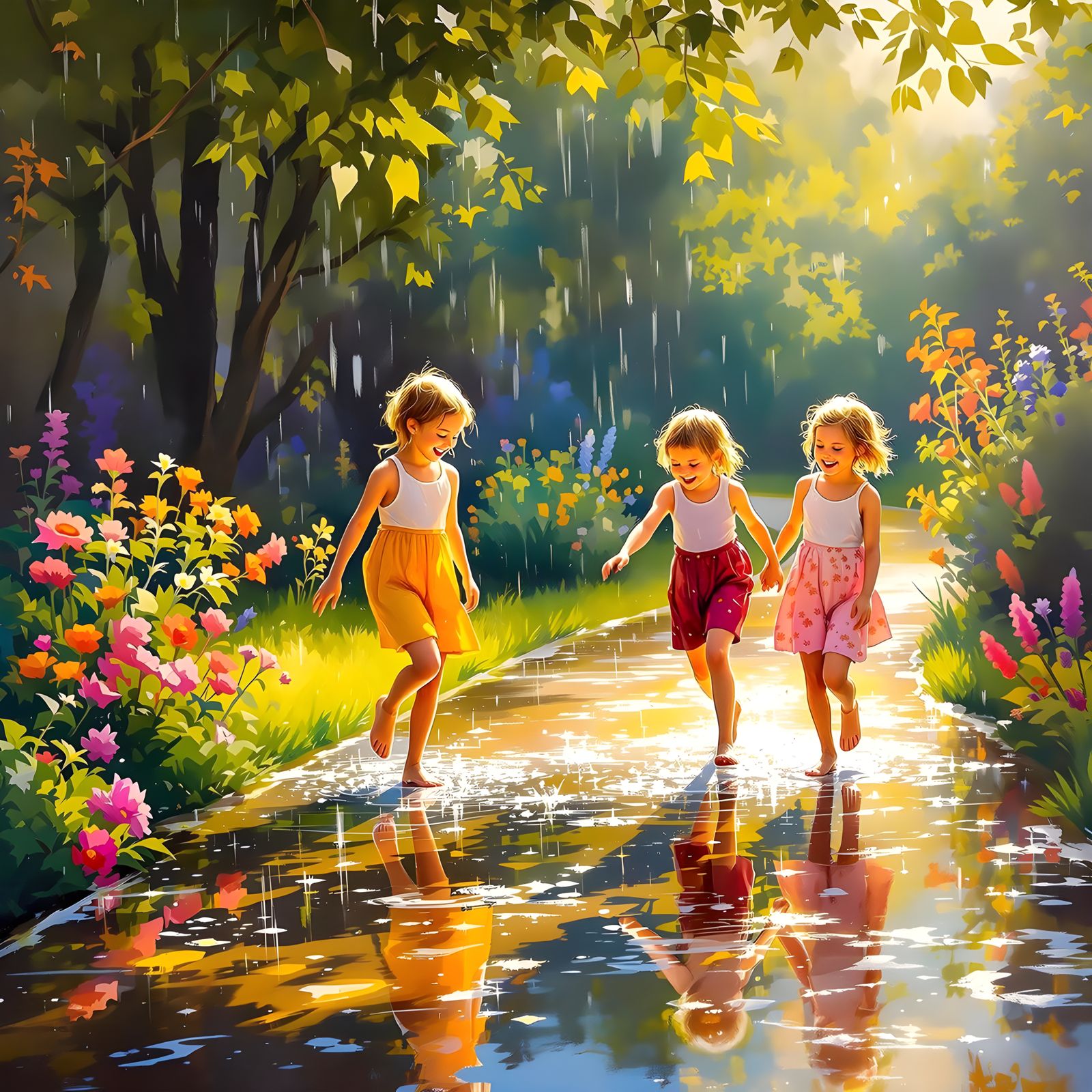 warm summer shower, siblings dancing in the rain, laughing with delight  by @DavidP