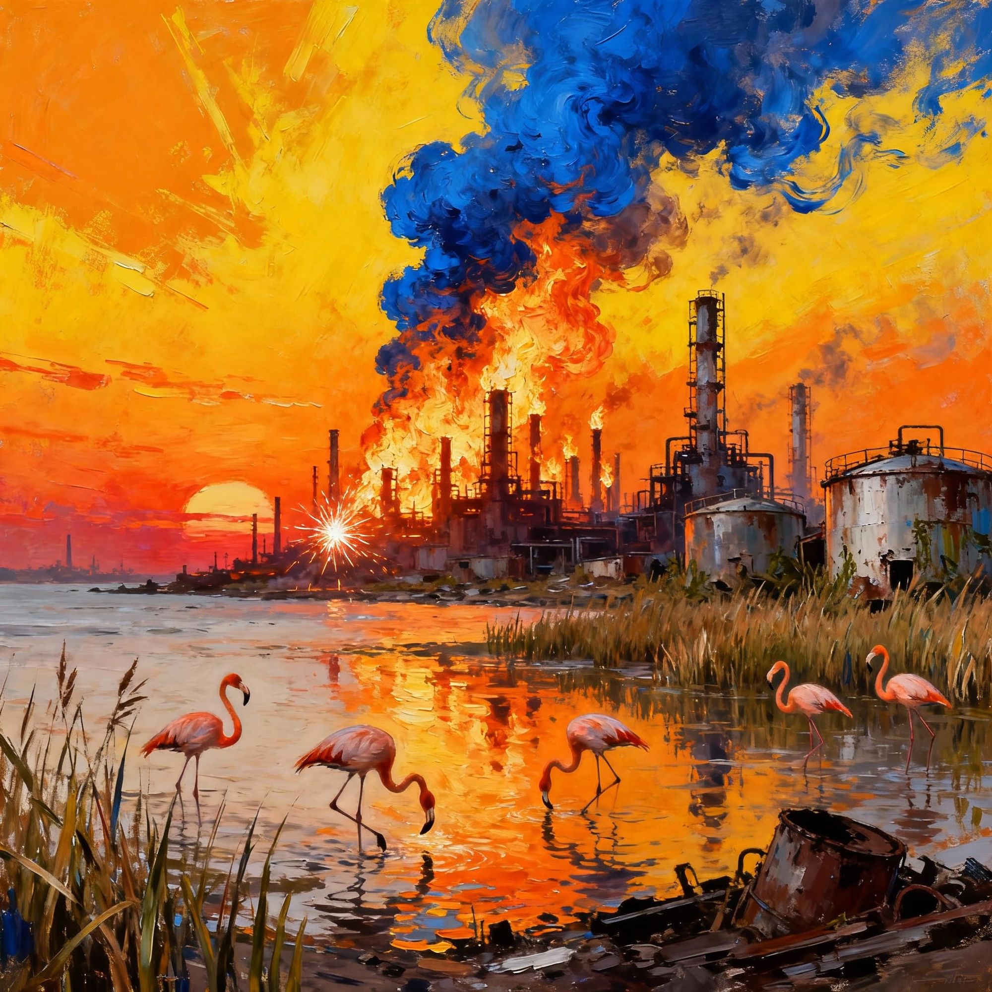 Last Light of the Chemical Coast
An industrial shoreline once crowded with refineries and chemical tanks. Now overrun by marsh reeds and fla...
