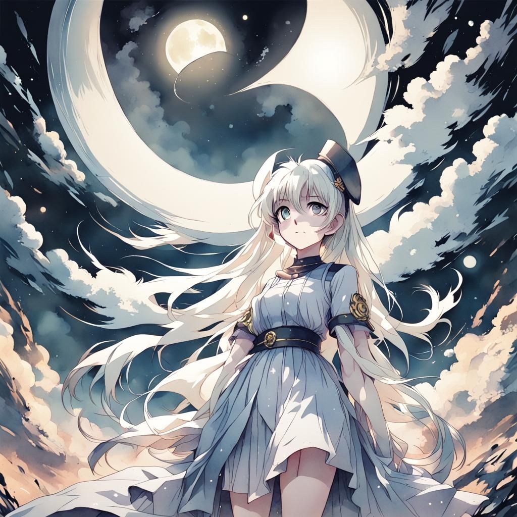 Anime watercolor Shining White Moon