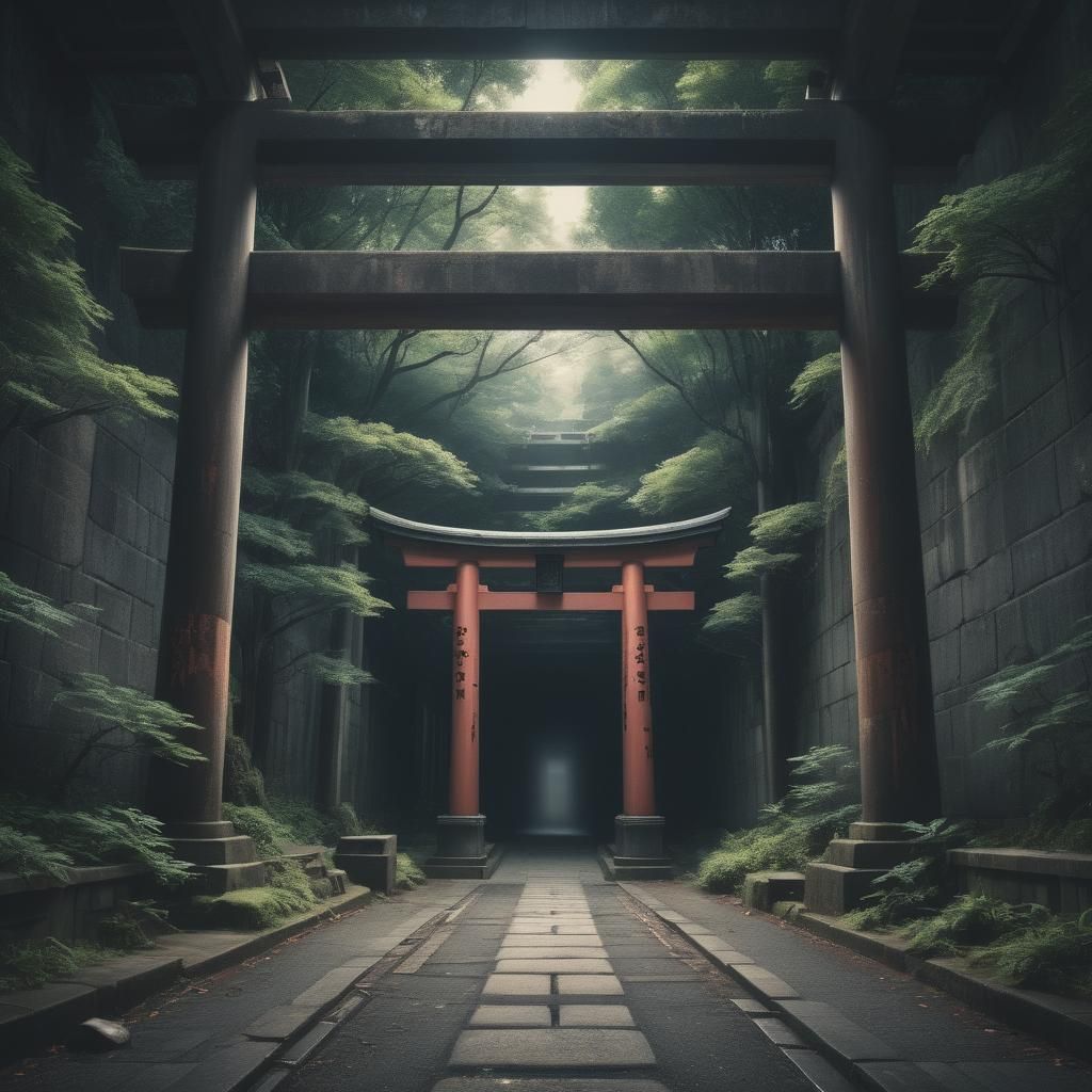 Eerie liminal space type dark tunnel with a Torii gate at th...