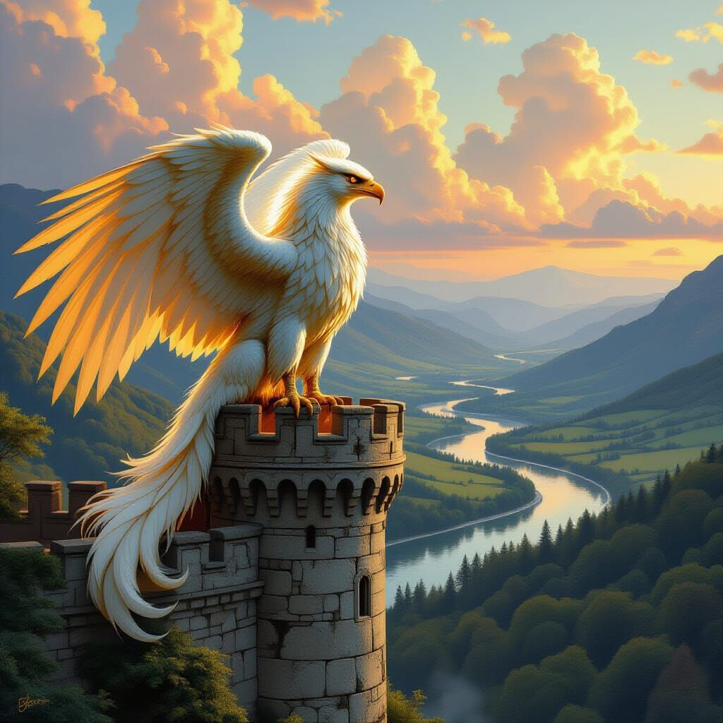 Griffin Perched on Castle in Detailed Matte Painting