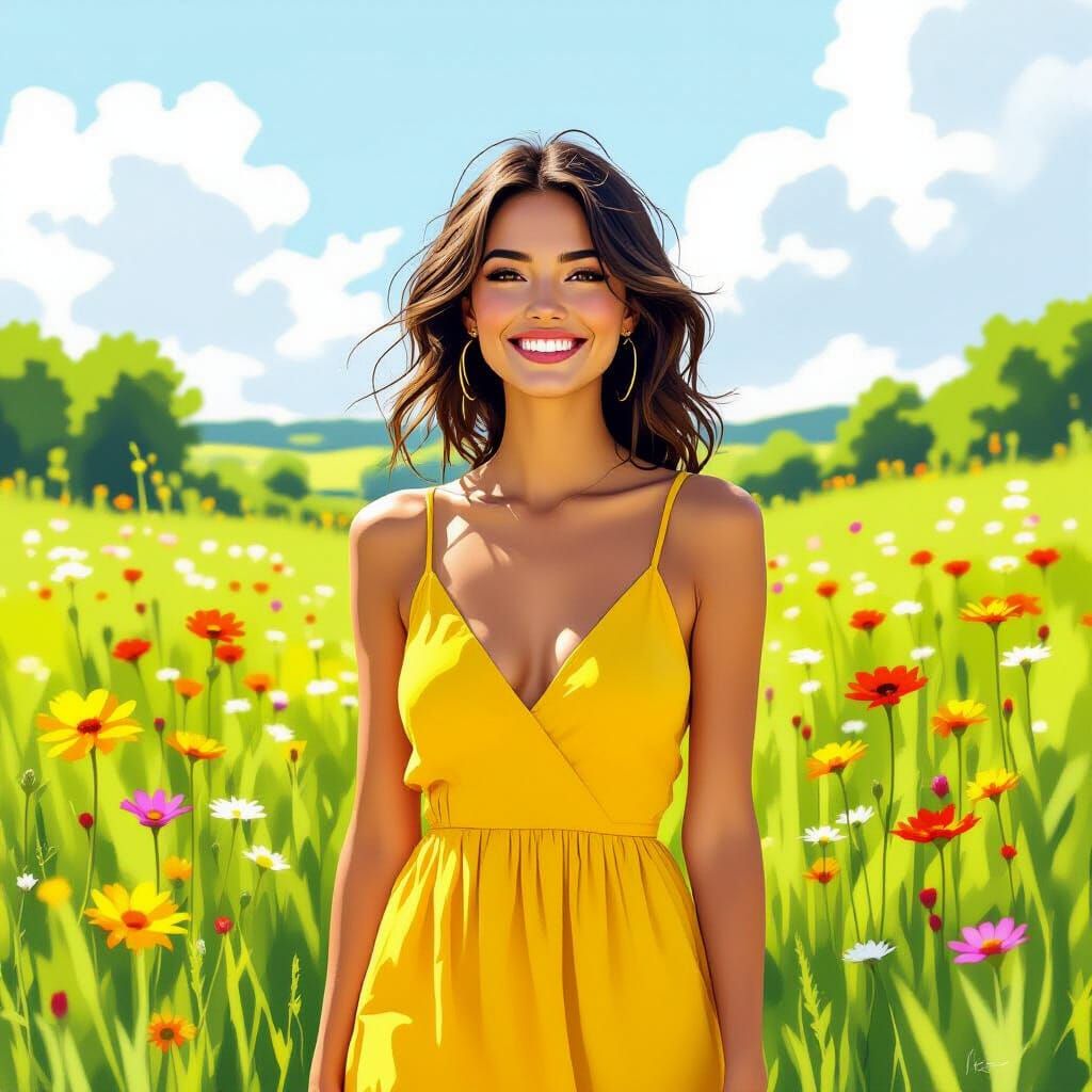 Woman in Yellow Sundress in Wildflower Meadow