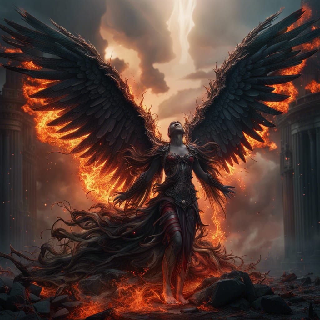 Fallen angel with burning wings falling from the sky. - AI Generated ...