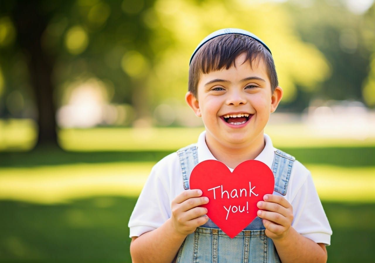 Joyful Boy with Down Syndrome Thanks You in Vibrant Park Sce...
