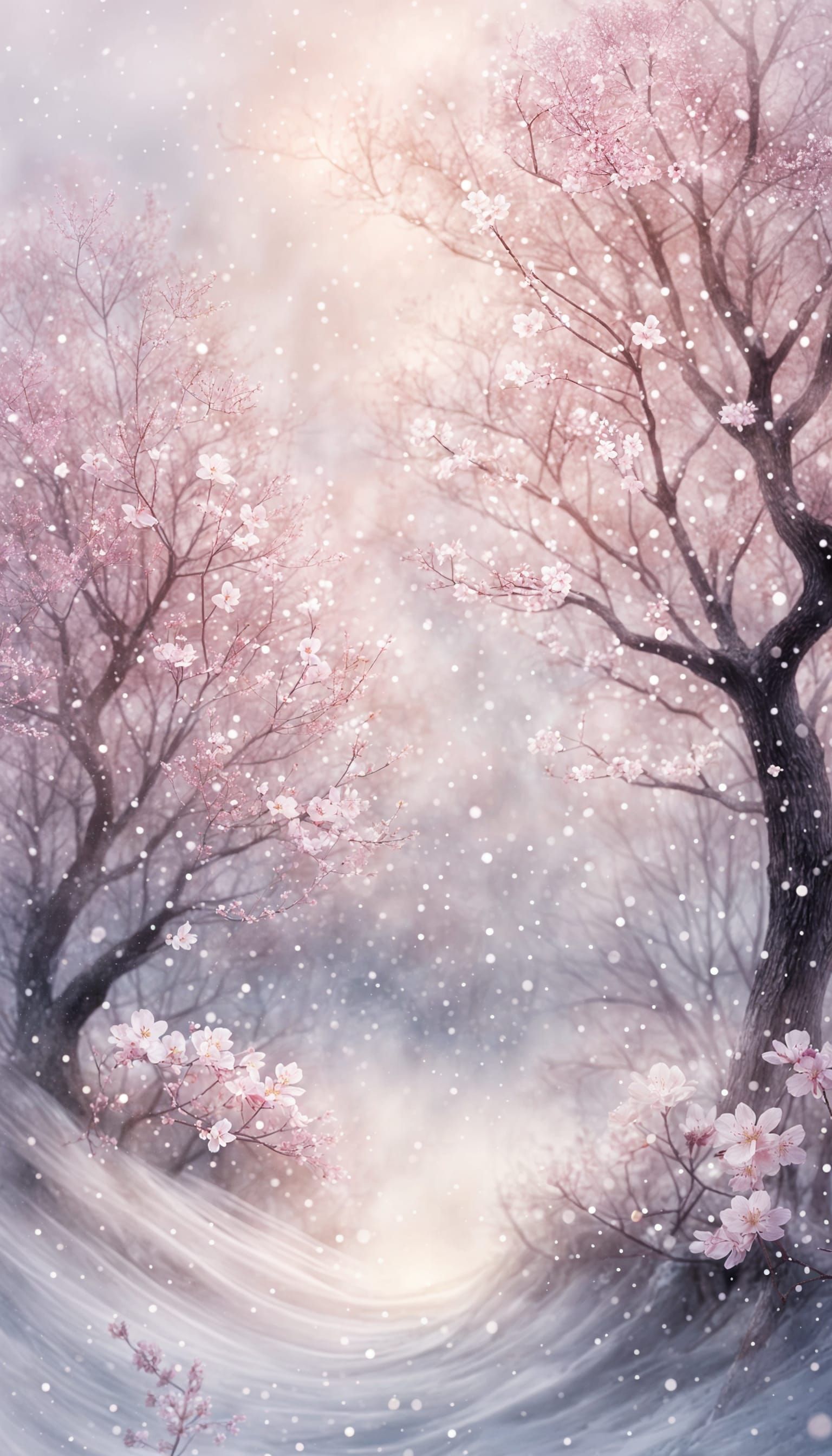 Magical Winter Scene with Cherry Blossoms
