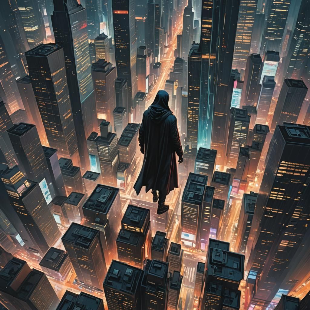 In the heart of a bustling metropolis, towering skyscrapers ...
