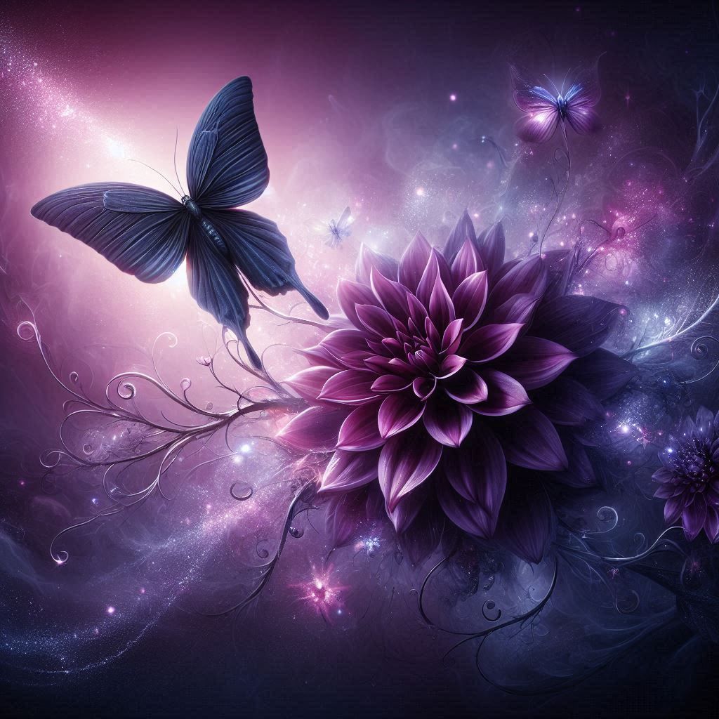 Dark purple fantasy Butterfly and Dahlias