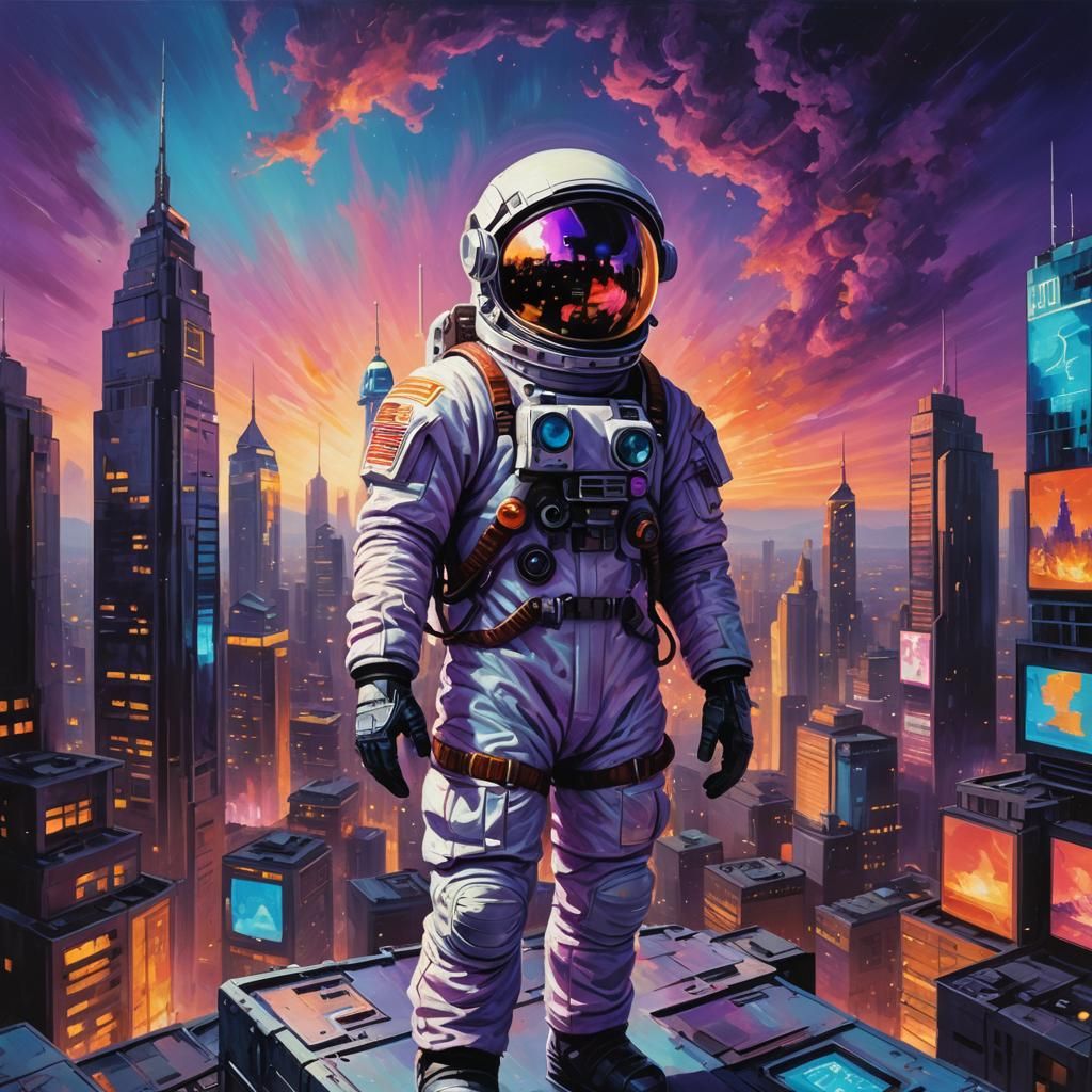 Retro Futuristic Astronaut in Vibrant Cityscape