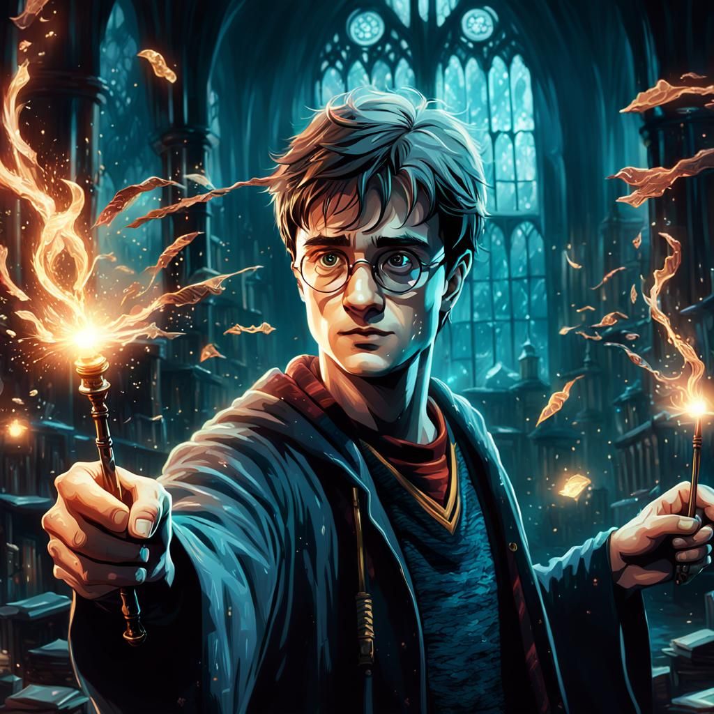 Harry Potter trying a new luminous magic wand // concept art by Peter de Sèvre, Alberto Seveso, Cyril Rolando, Dan Mumfo...