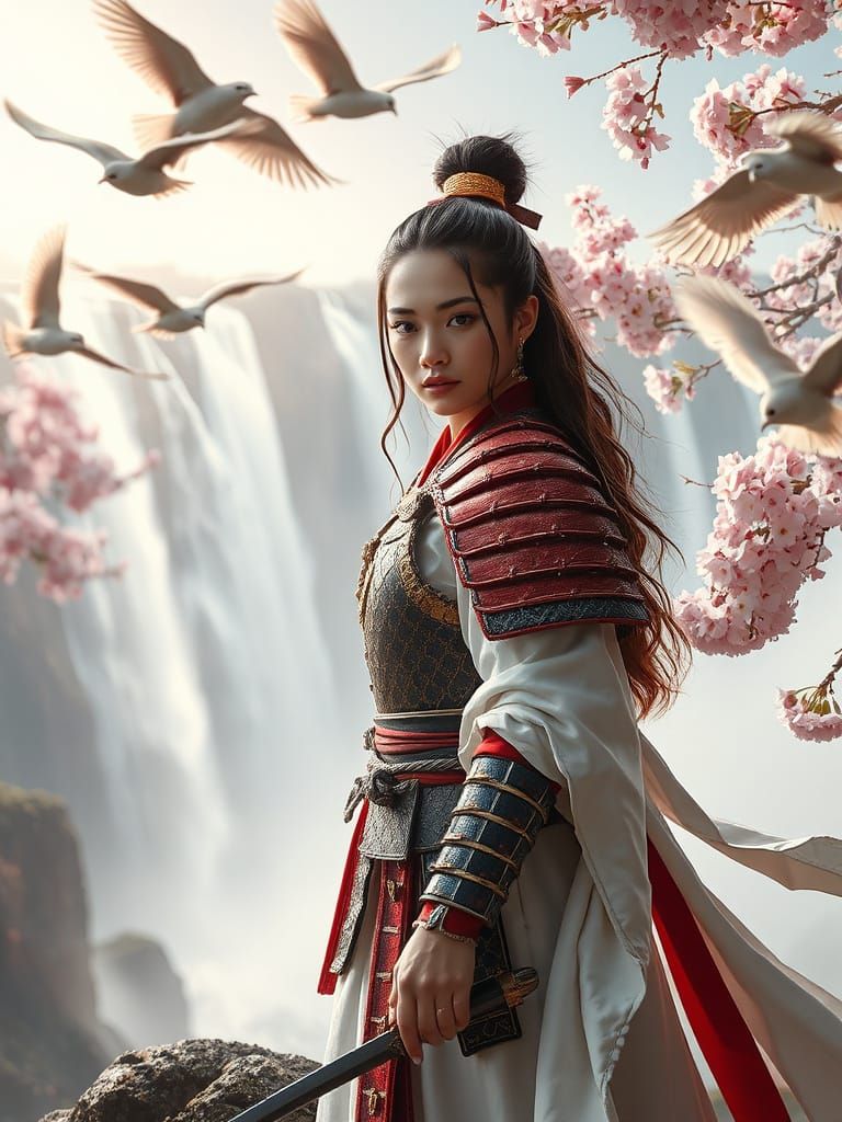 Serene Samurai Warrior in Cherry Blossom Landscape