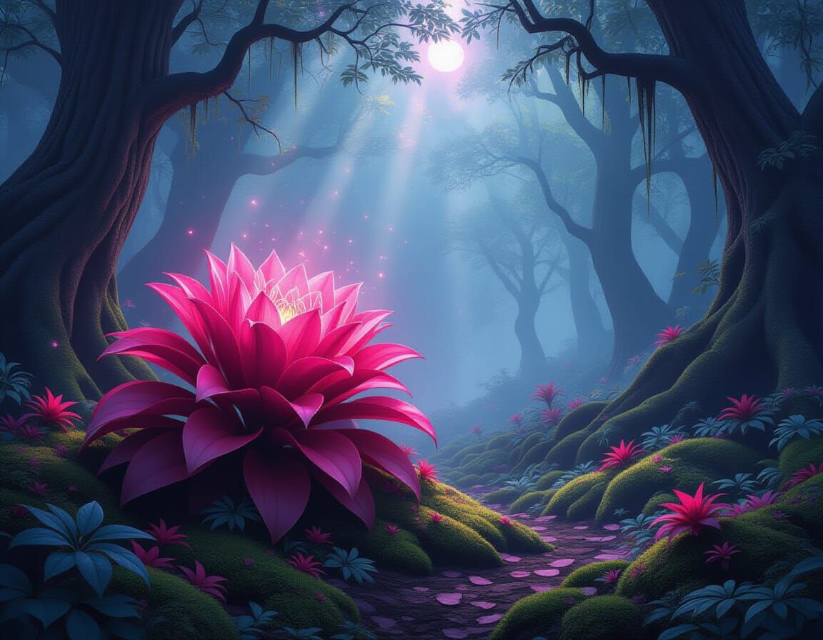 Ethereal Red Plant Blooms in Mystical Forest Digital Paintin...