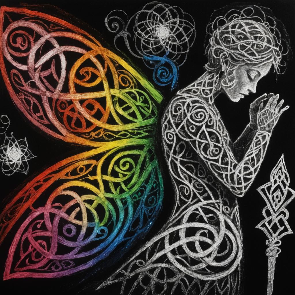 Crayon drawings ,surreal  friendly celtic  knotwork colorful fish , child's drawing , rayograph Man Ray collection of random b&W objects, li...