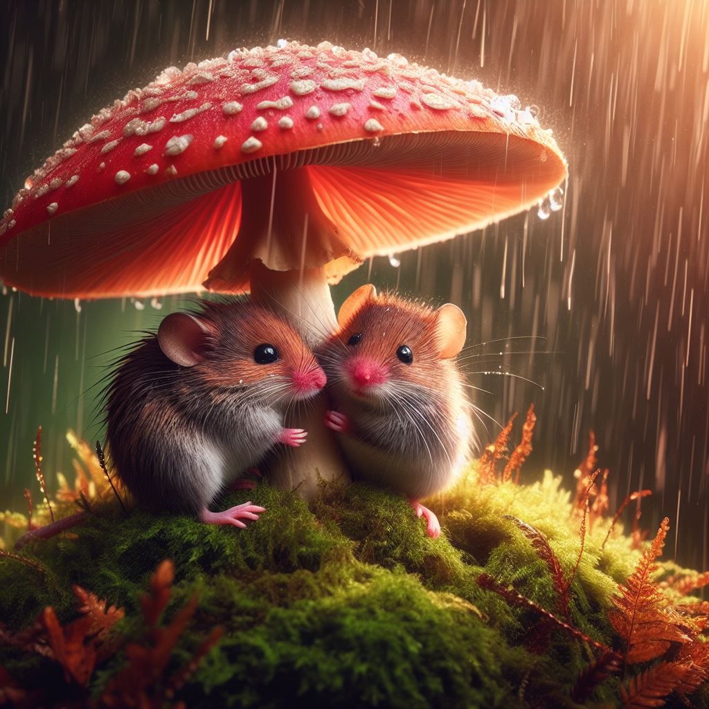Mouse couple taking shelter from the rain