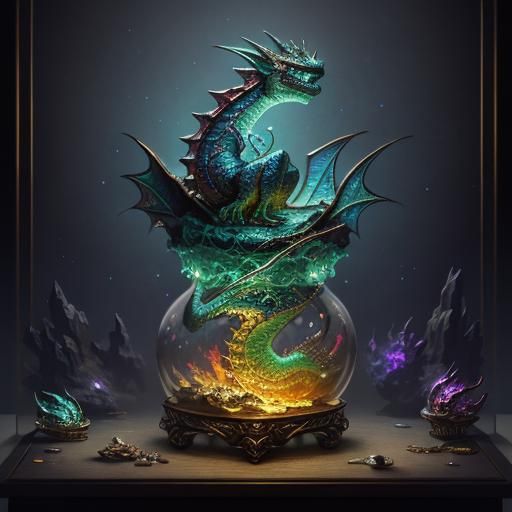 A cute miniature baby dragon sitting in a glass jewelry box ...
