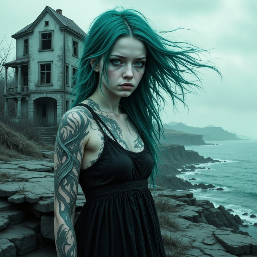 <lora:MrsH-TealMelancholia:1.0> A young woman with wild teal hair and hazel eyes stands outside abandoned building on a cliff , her black ta...