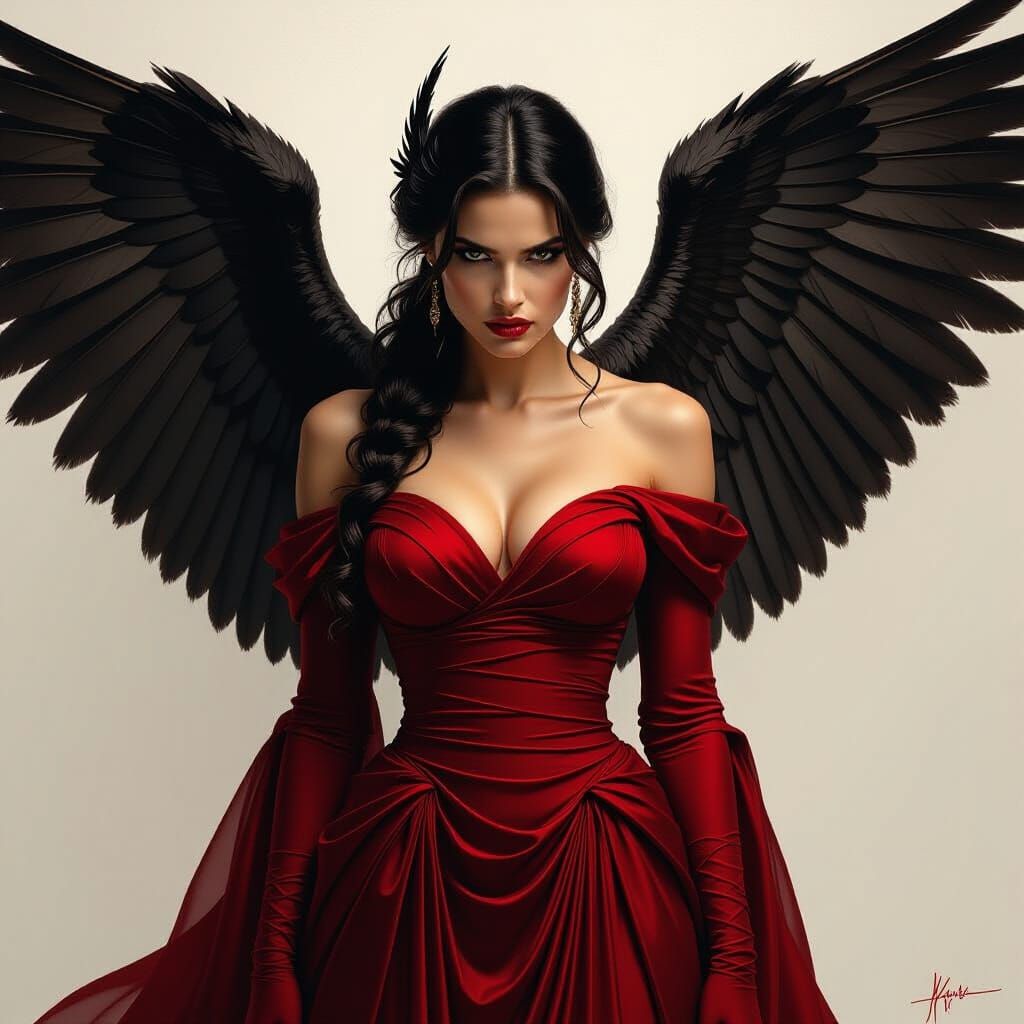 Stern Woman With Hawk Wings in Crimson Gown