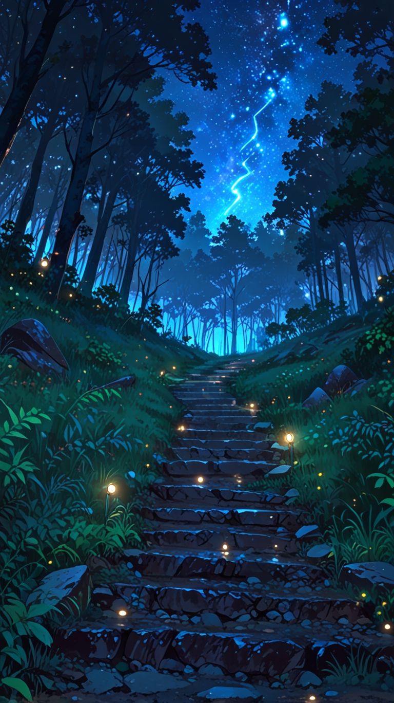 High detail Anime landscape of a forest at night with glowing light and stars with s cozy hiking trail 2.0