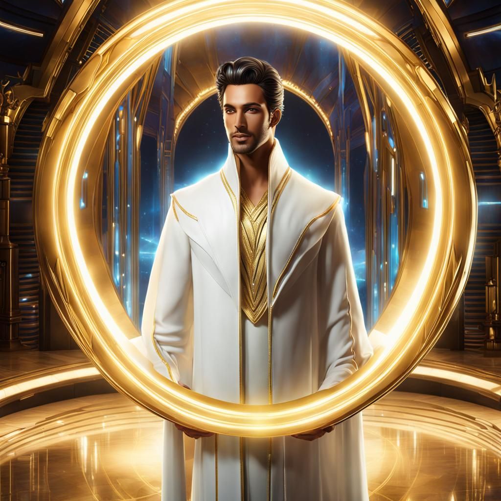 Atlantean prince Lash Zyan, white Robe with gold trim smile, sparkle ...