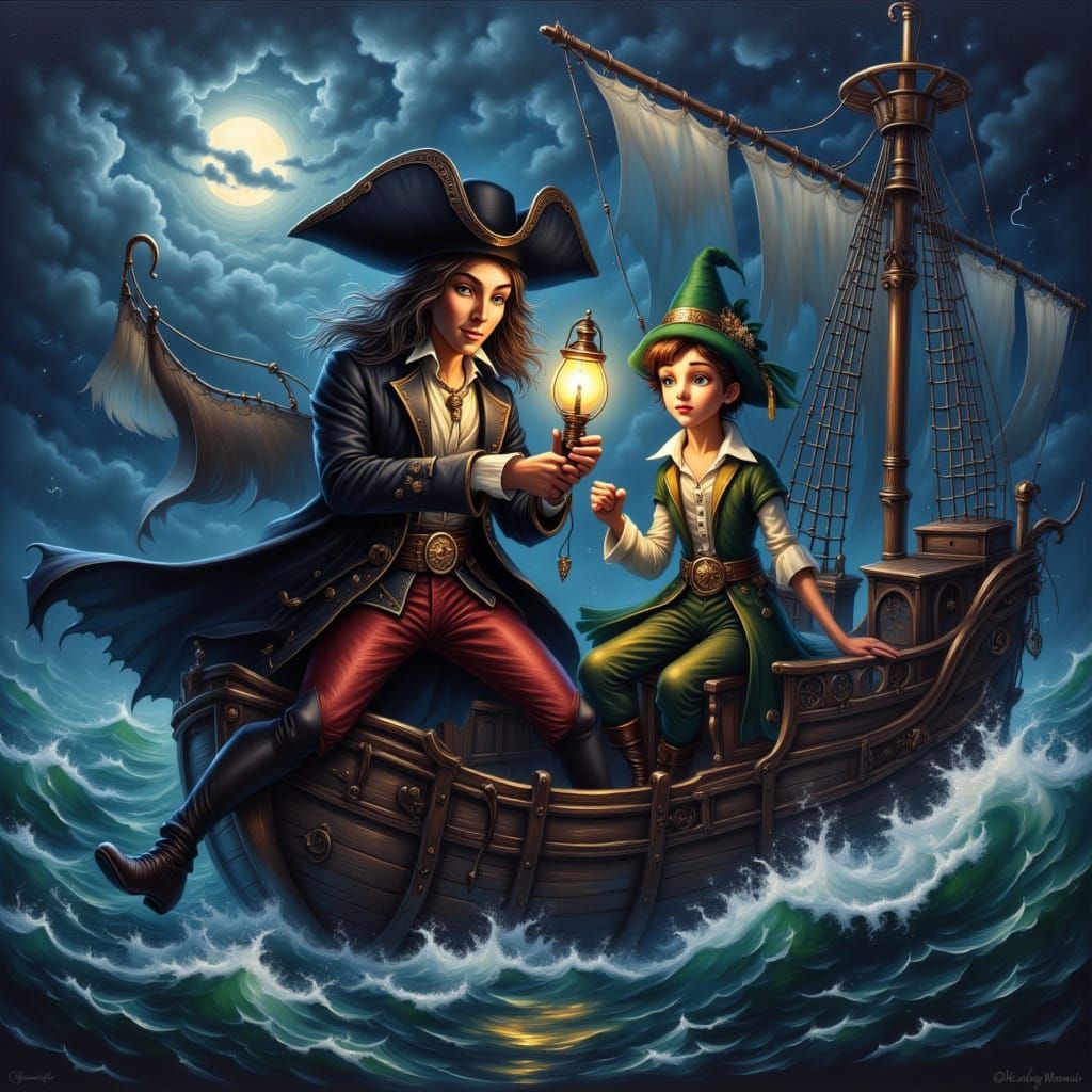 <lora:Steampunk and more:1.0>Capitain Hook and Peter Pan traveling at a Pirates Steamship,