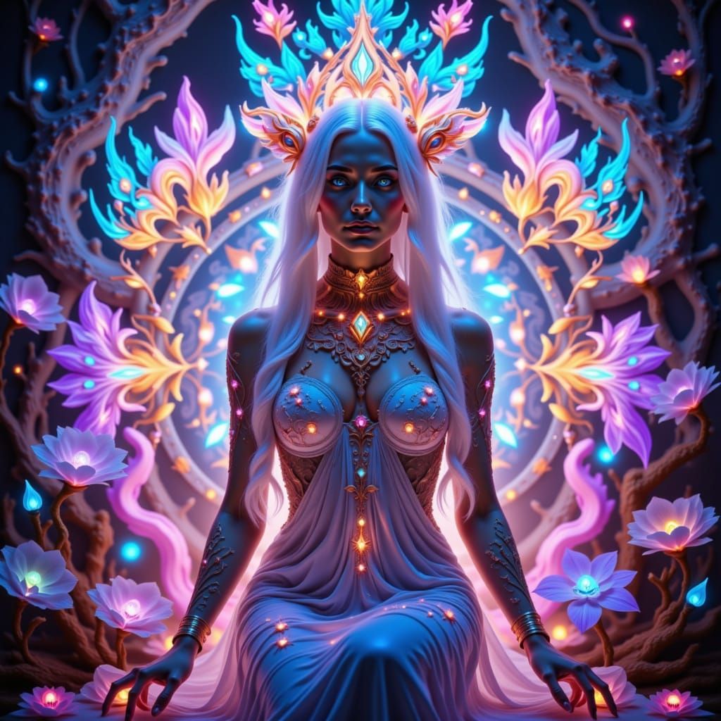 Amazing detailed photorealistic mandala  light portrait beautiful woman white hair shaman tribal tattooes surrounded by fractals tesselation...