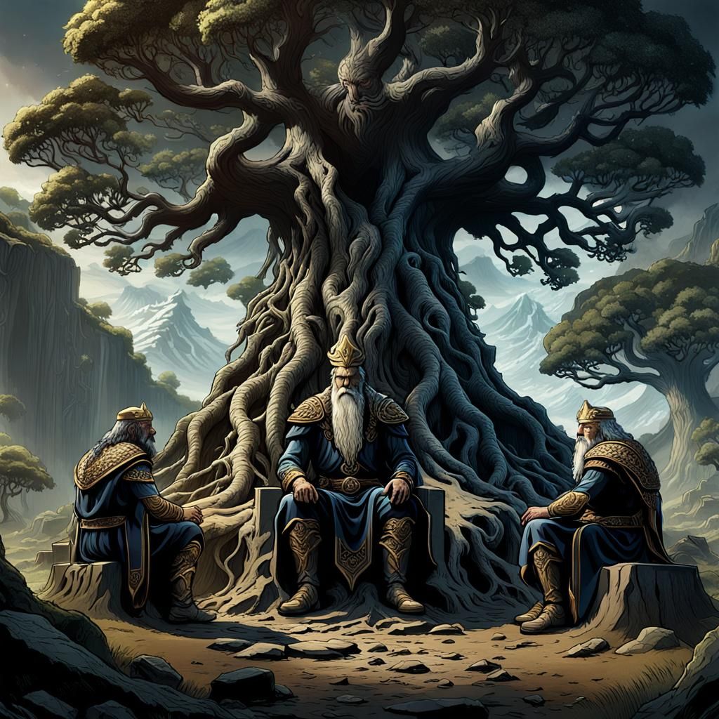 Odin with his two brothers Vili and Vé, sitting at the roots of ...