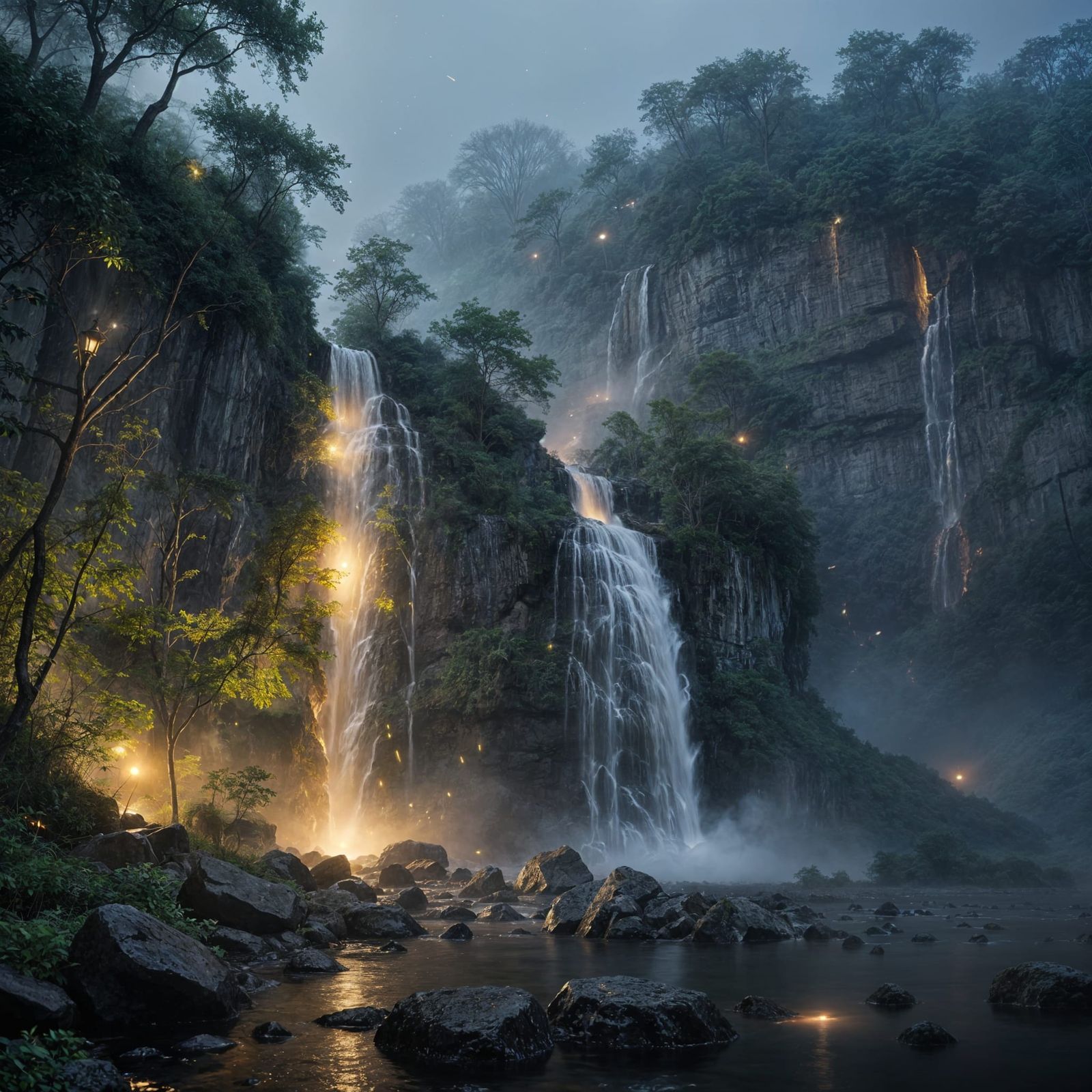 Fireflies at the falls (5 likes)  by @Greyman