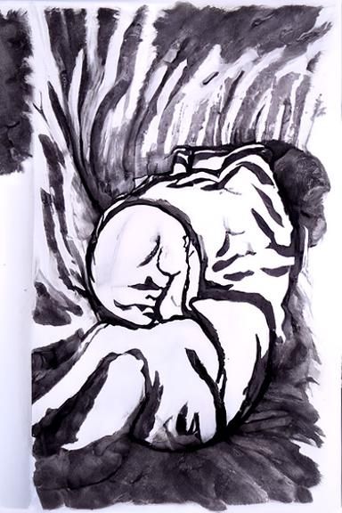 person cowering in fetal position ink drawing