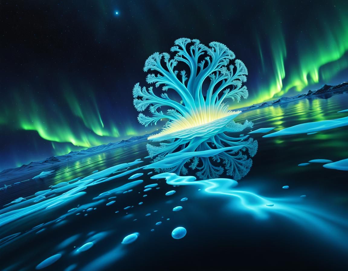 glowing microbe, radiating a neon blue color, floats in the ...