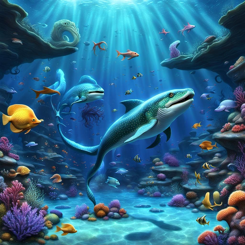 "An artistic depiction of mythical sea creatures, blending f...