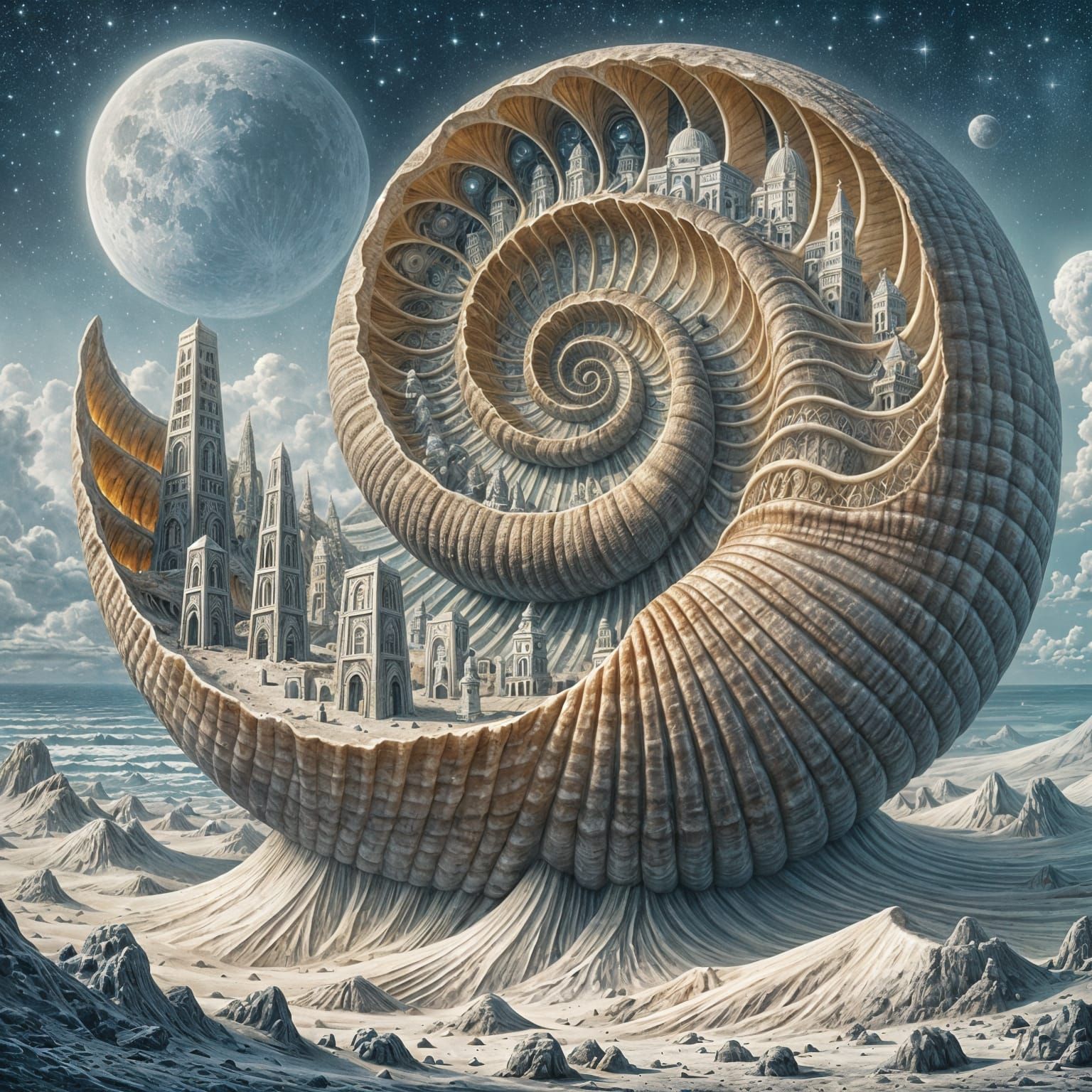 An ancient seashell on the surface of the moon reveals a time machine. Inside, different eras are visible, ...  by @KomBib