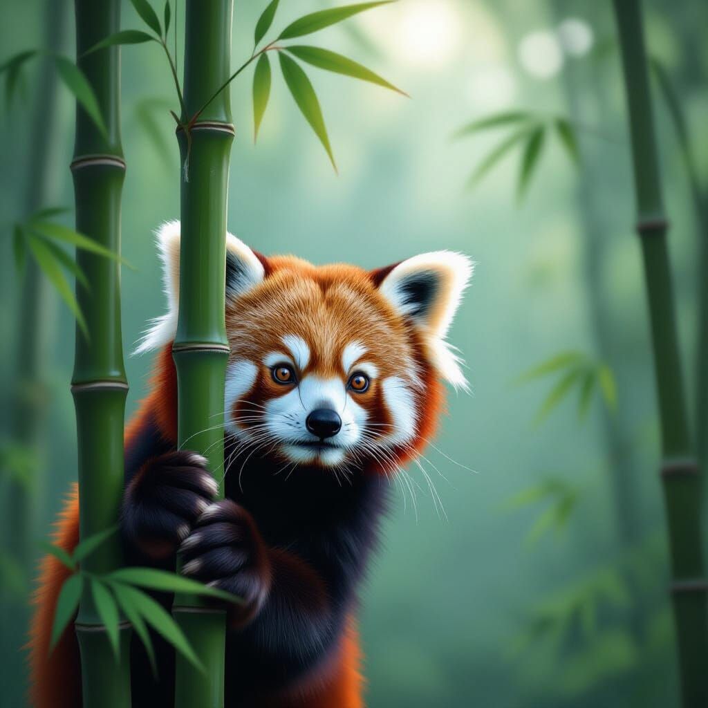 A curious red panda peeking out from behind a vibrant bamboo stalk  by @grl_pwr