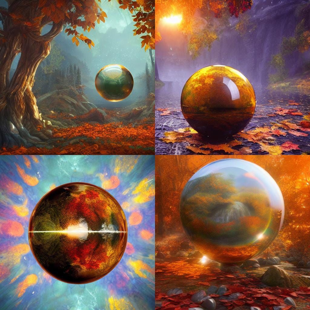 A fall autumn background. A large crystal ball in. Inside the crystal ...