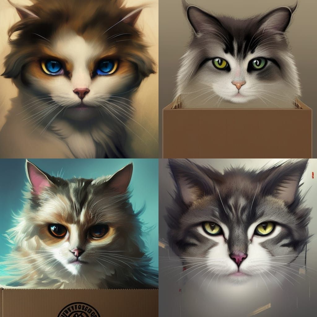 fluffy Cat with big eyes in a cardboard box - AI Generated Artwork ...