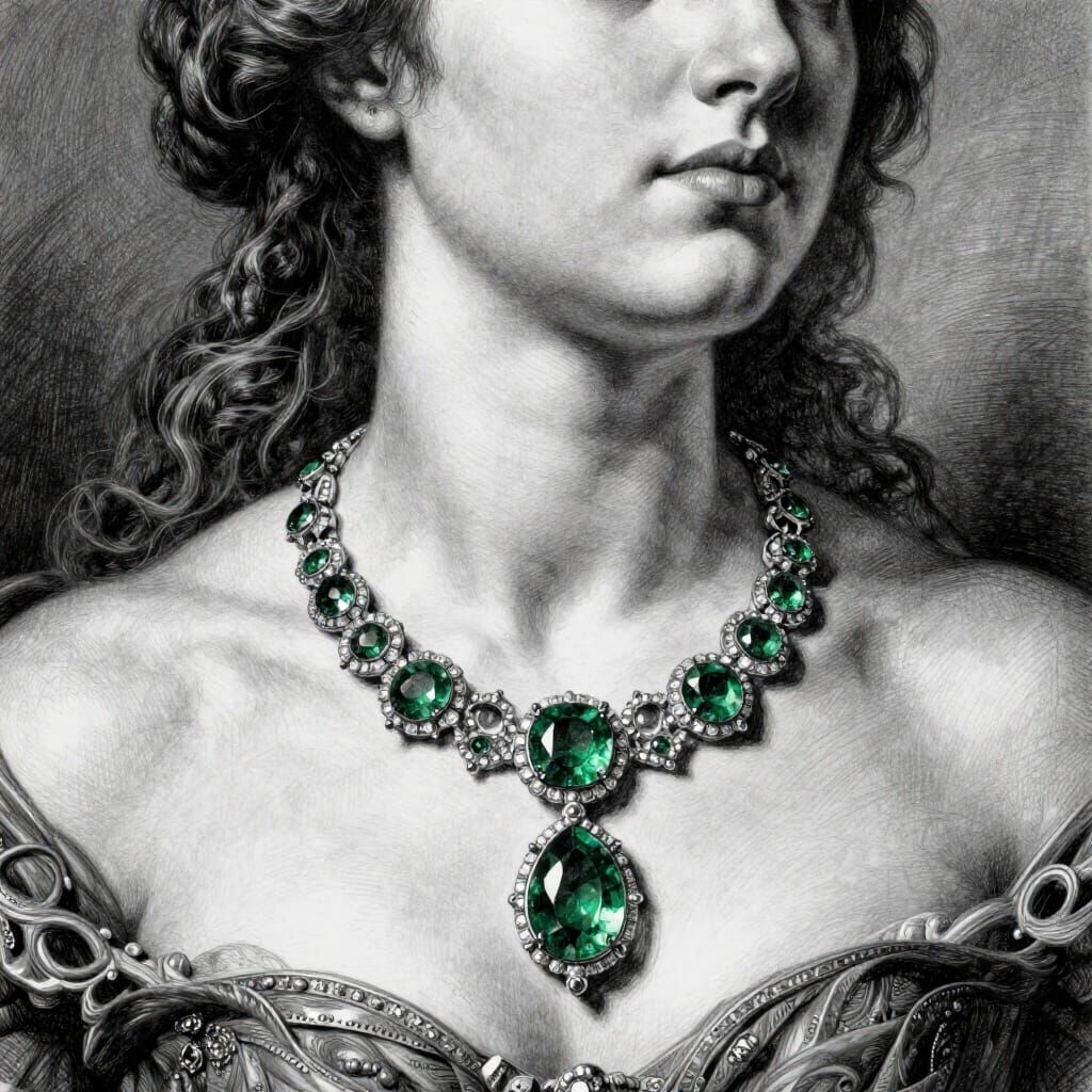 Baroque Monochrome Drawing of Woman with Emerald Necklace