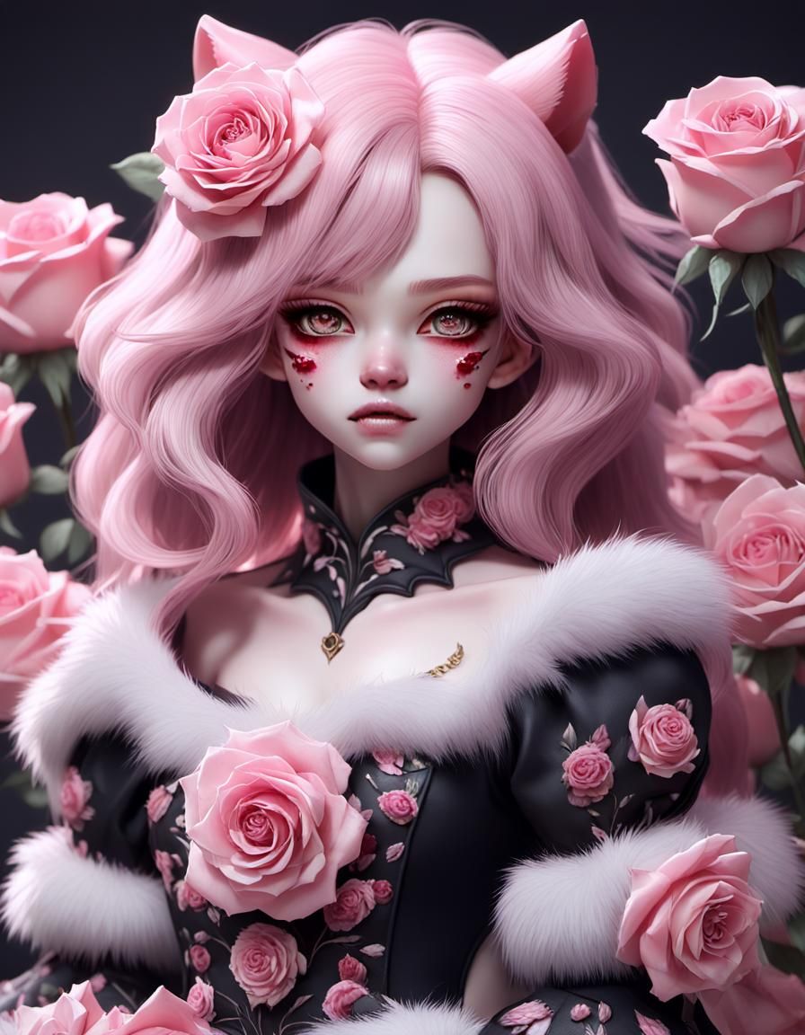 Monster doll woman with beautiful Pink roses with fur dress