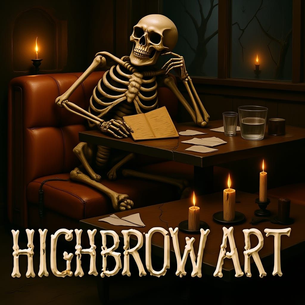 A contemplative skeleton sits slouched in a cracked leather booth inside a dimly lit, abandoned café, its bony hand resting against its temp...