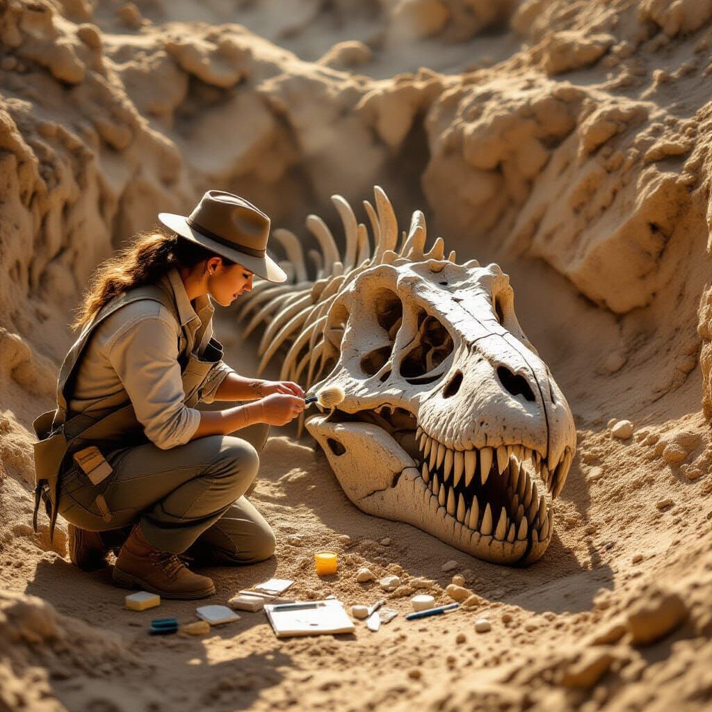 An archaeologist carefully excavating the skull of an ancient dinosaur. Kneeling in a sunlit dig site, the archaeologist uses a small brush ...